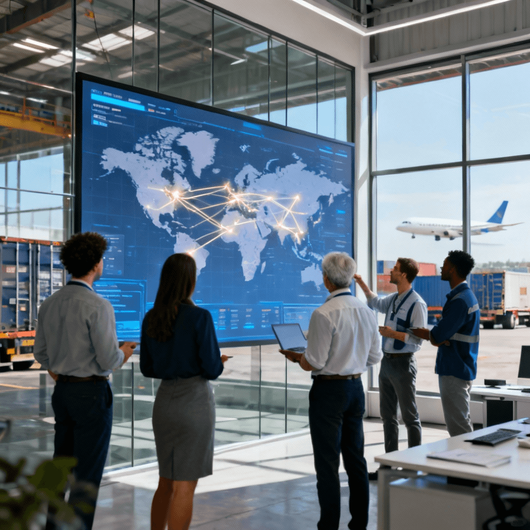 Team coordinating global logistics on a digital map